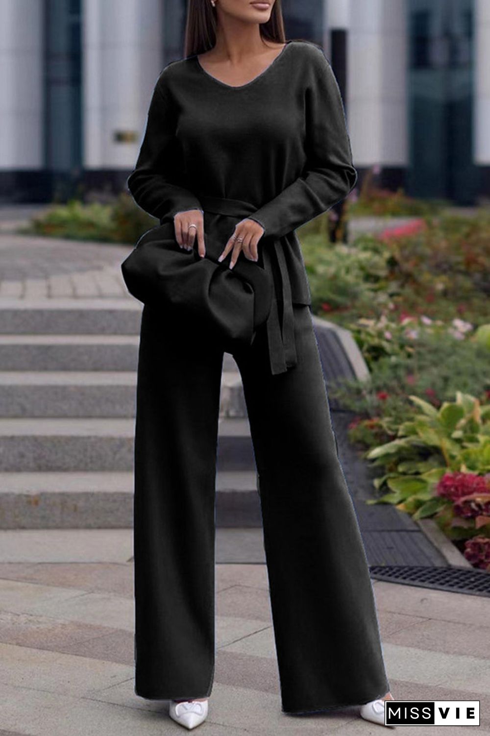 Casual Simplicity Solid Bandage V Neck Long Sleeve Two Pieces
