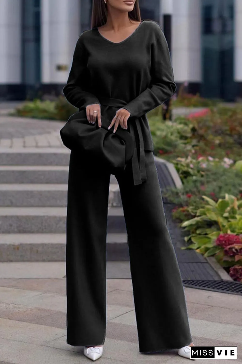 Casual Simplicity Solid Bandage V Neck Long Sleeve Two Pieces