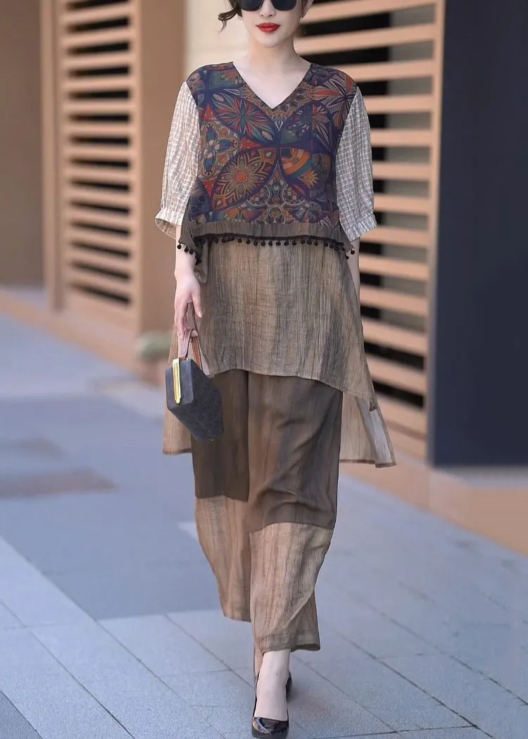 Vintage Coffee V Neck Low High Design Patchwork Silk Two Piece Set Half Sleeve