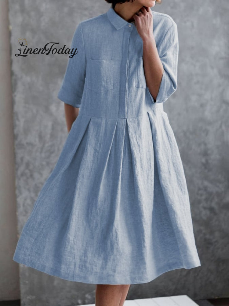 Women&lsquo;s Casual Elegant Double Pockets Half-Sleeve Dress Light Blue / S