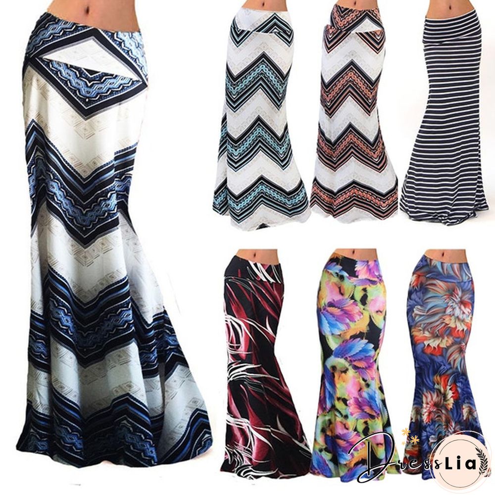 Women Summer Sexy Maxi Skirt Floral Print Patchwork Slim Casual Skirts Beach Party Long Dress