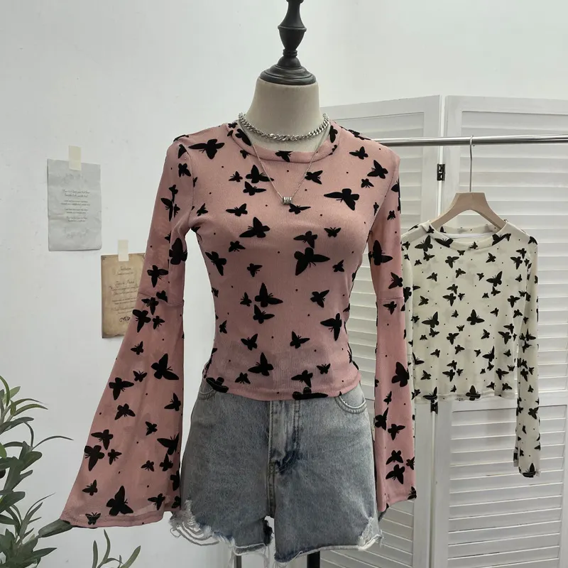 Brownm Real Shooting Spice Girl Butterfly Shiny Shiny Mesh Yarn Long-Sleeved T-Shirt Horn Sleeve Short Repair Body Jacket 8031