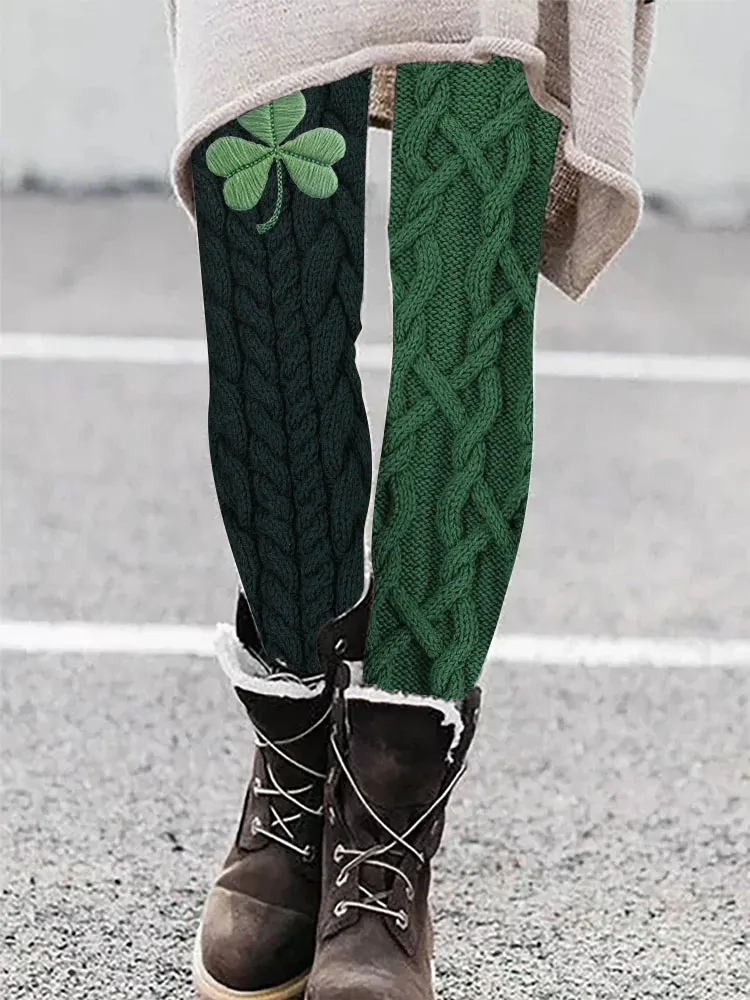 Irish Shamrock Embroidered Jacquard Cozy Leggings