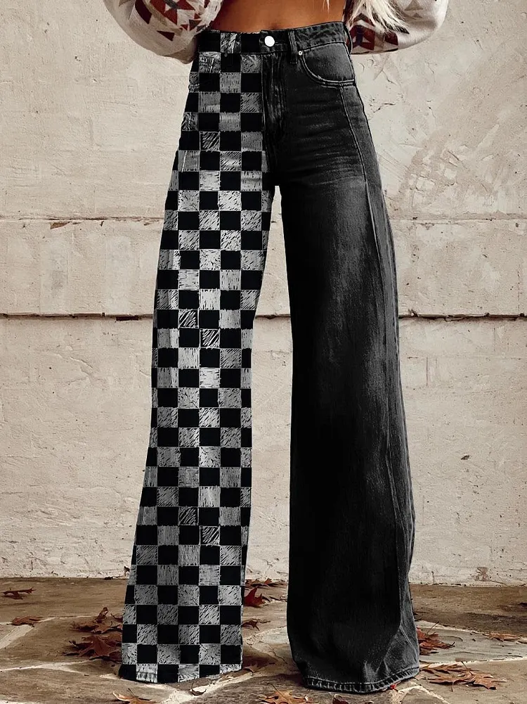 Women's Black and White Check Print Casual Wide Leg Pants