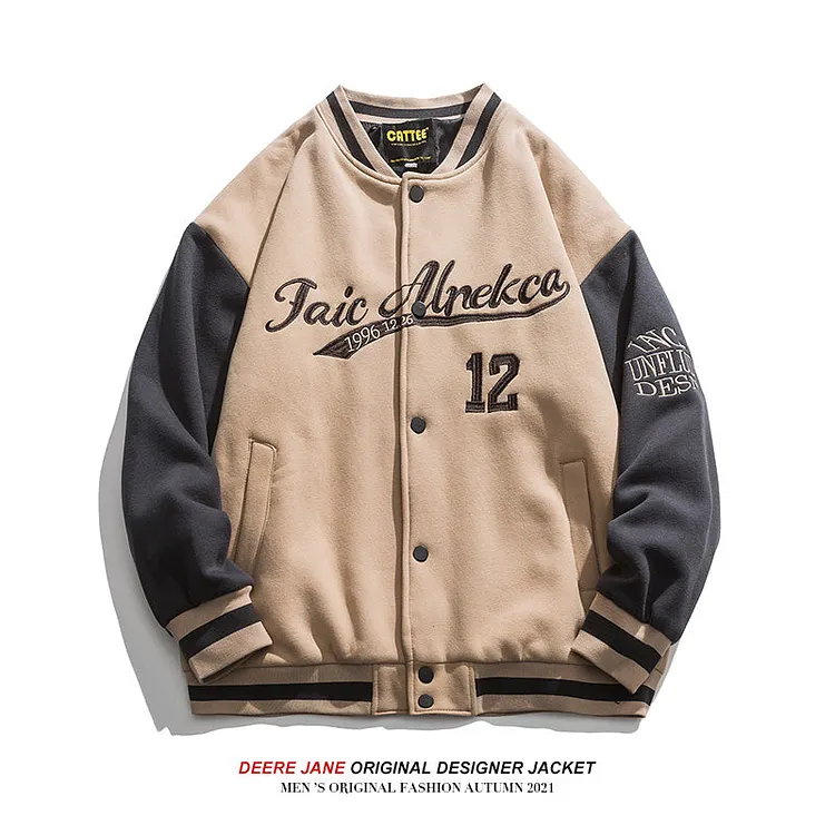Men Baseball Jacket Spring Colorblock Baseball Uniform Coat Men Loose Retro Vintage