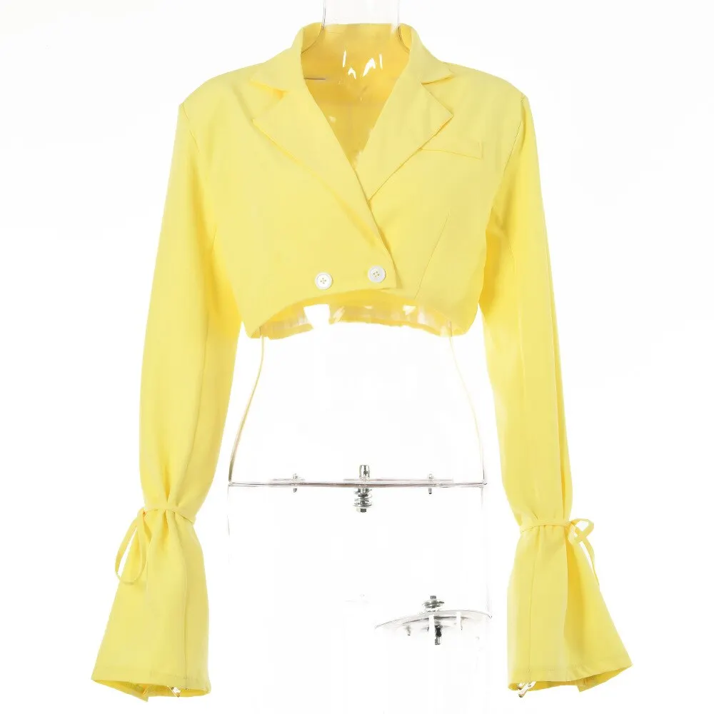 Yimunancy Women Blazer V Neck Long Sleeve Cropped Blazer 2021 Autumn Chic Button  Lace Up Turn-down Collar Outwear