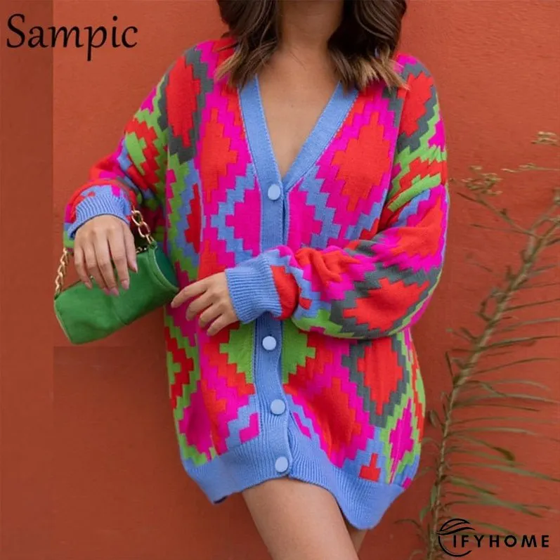 Christmas Gift Sampic Loose Patchwork Knitwear Winter Women Cardigans Tops Oversized Long Sleeve Y2K V Neck Sweater Casual Fashion Tops | IFYHOME