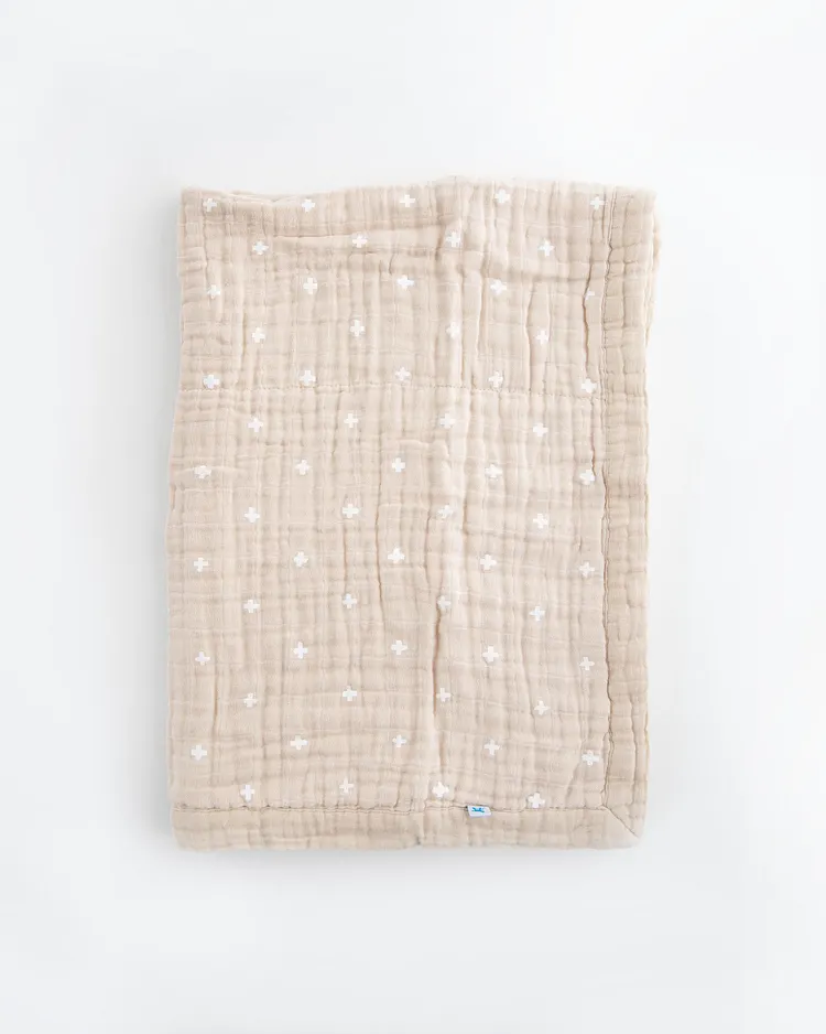 Cotton Muslin Baby Quilt - Taupe Cross