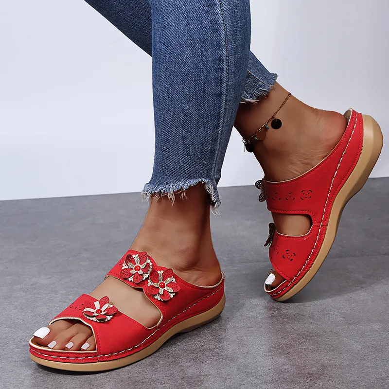 Qengg Summer New Flower Car Sewing Solid Light Mouth Round Head Casual Fashion Lady Flat Sandals