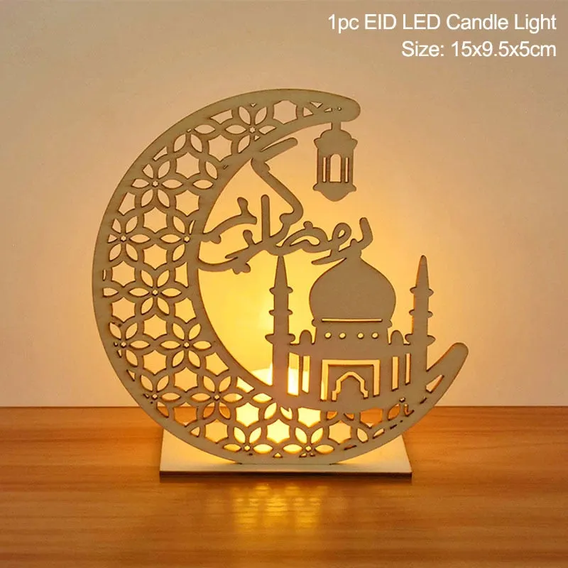 LED Eid Mubarak Wooden DIY Craft Ornament Pendant Islam Muslim Party Home Decoration Al Adha Ramadan Kareem Event Party Supplies