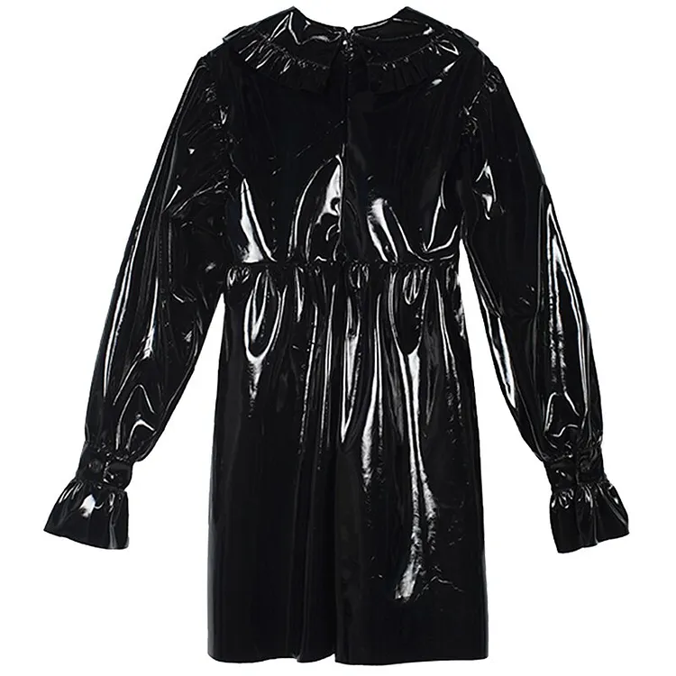 Modern Black Ruffle Doll Collar Elastic Waist Long Sleeve Pu Leather Dress