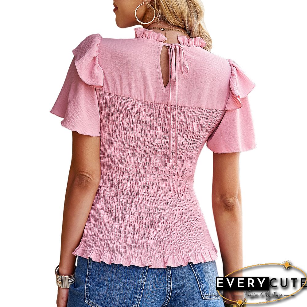 Pink Drawstring Ruffle Short Sleeve Pleated Blouse