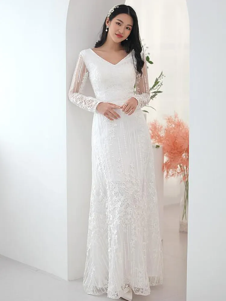 Double V Neck A Line Wedding Dress Lace Long Sleeve Applique Women's Formal Bride Dresses