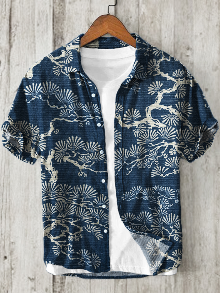 Pine Trees Japanese Lino Art Pattern Linen Blend Shirt  artssus