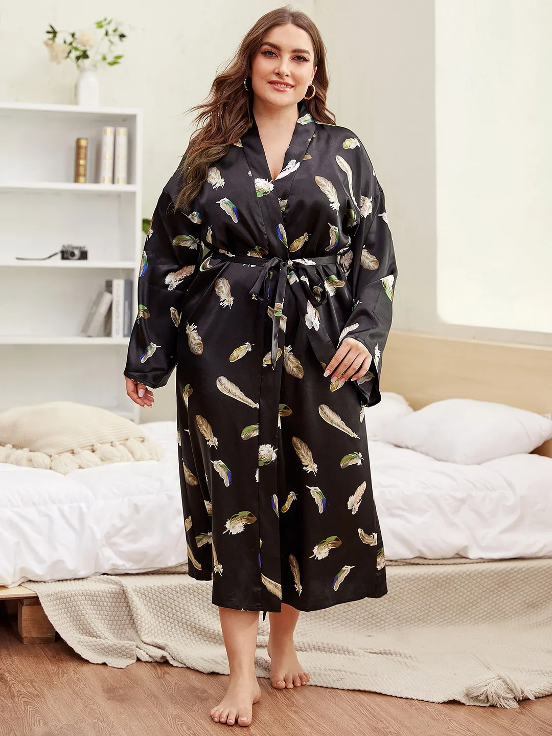 Sdrawing Sdrawing Lady Nightglove Color Lacette Simulation Silk Printing Fat Home Clothes Long-Sleeved Bathrobe Woman