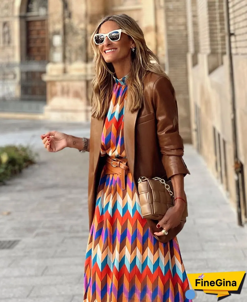 Sleeve Print Waist A-shaped Dress Plus Size Ladies Dress