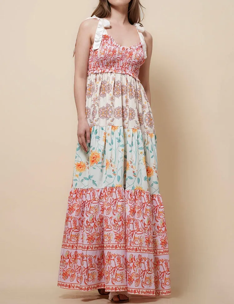 Ladies Strape Tie Shoulder Floral Print Maxi Dress SKD50568