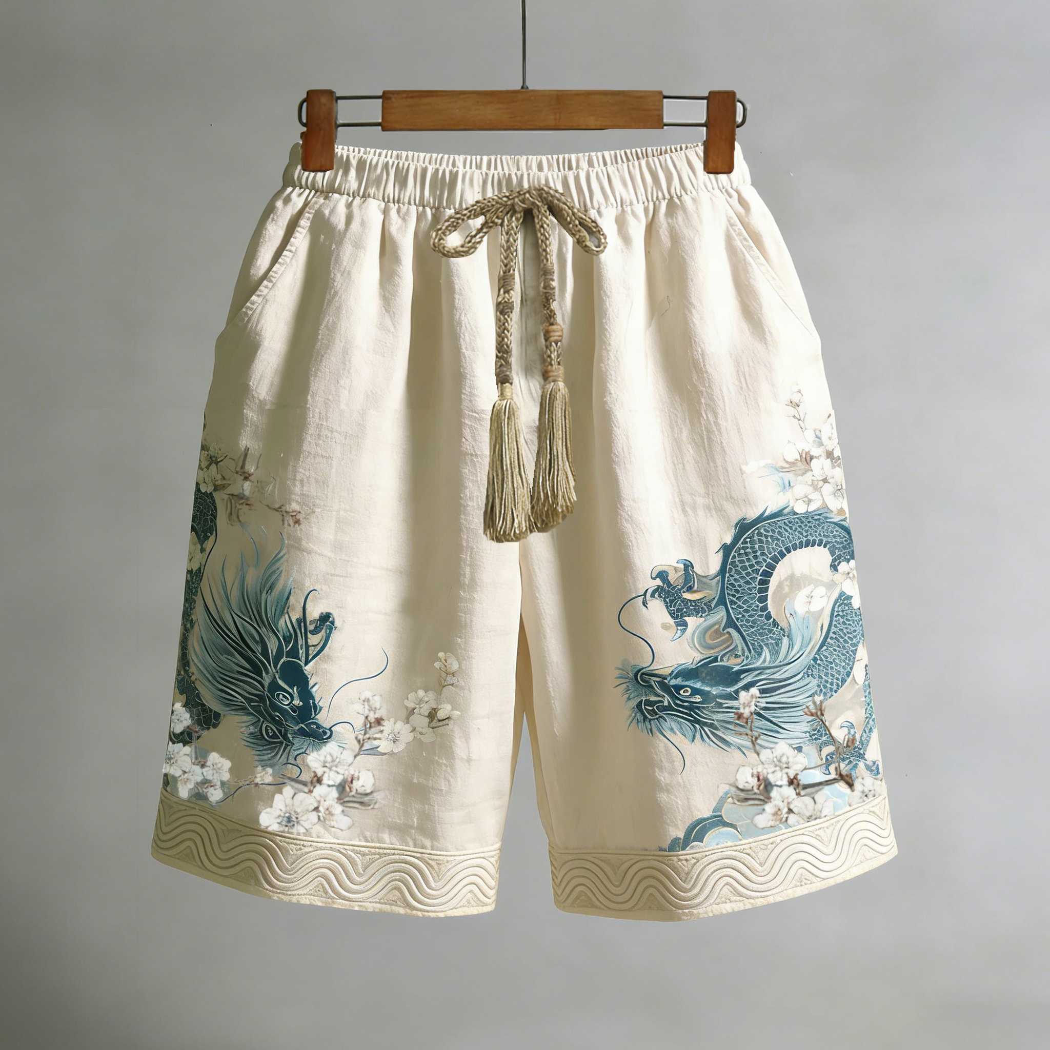 Japanese Style Dragon And Apricot Blossom Art Retro Casual Linen Shorts elevenforest