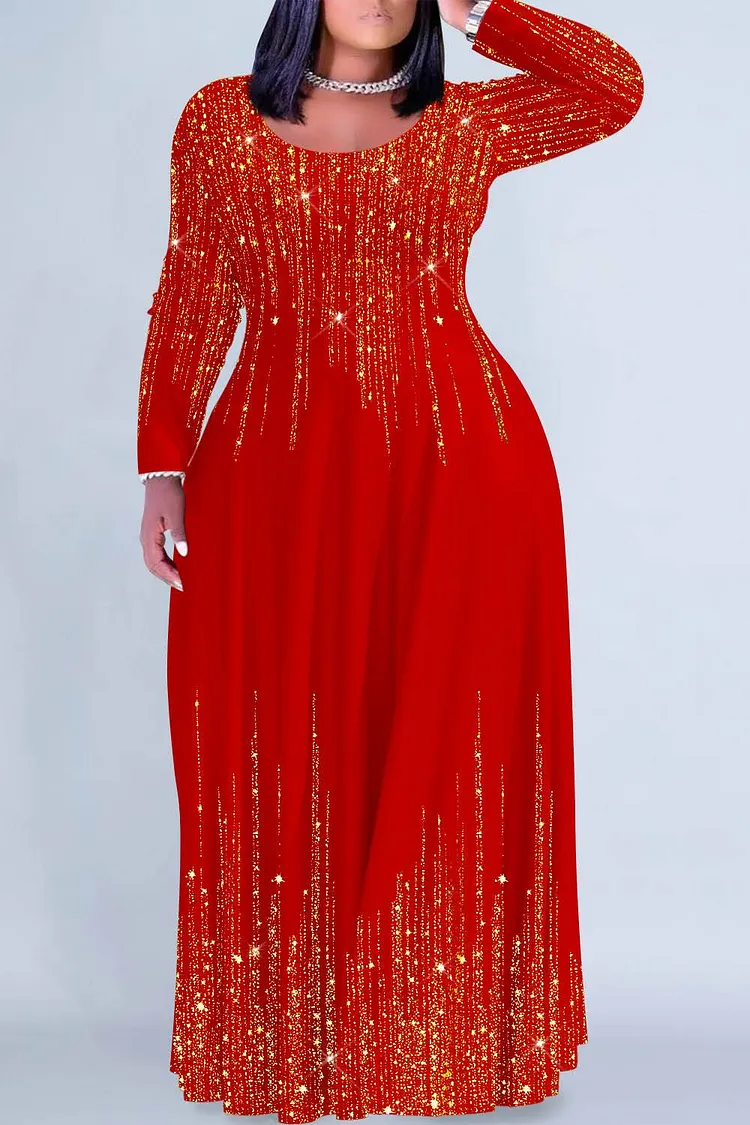 Plus Size Xmas Day Dress Plus Size Formal Black Gradient Round Neck Long  Sleeve Maxi Dresses