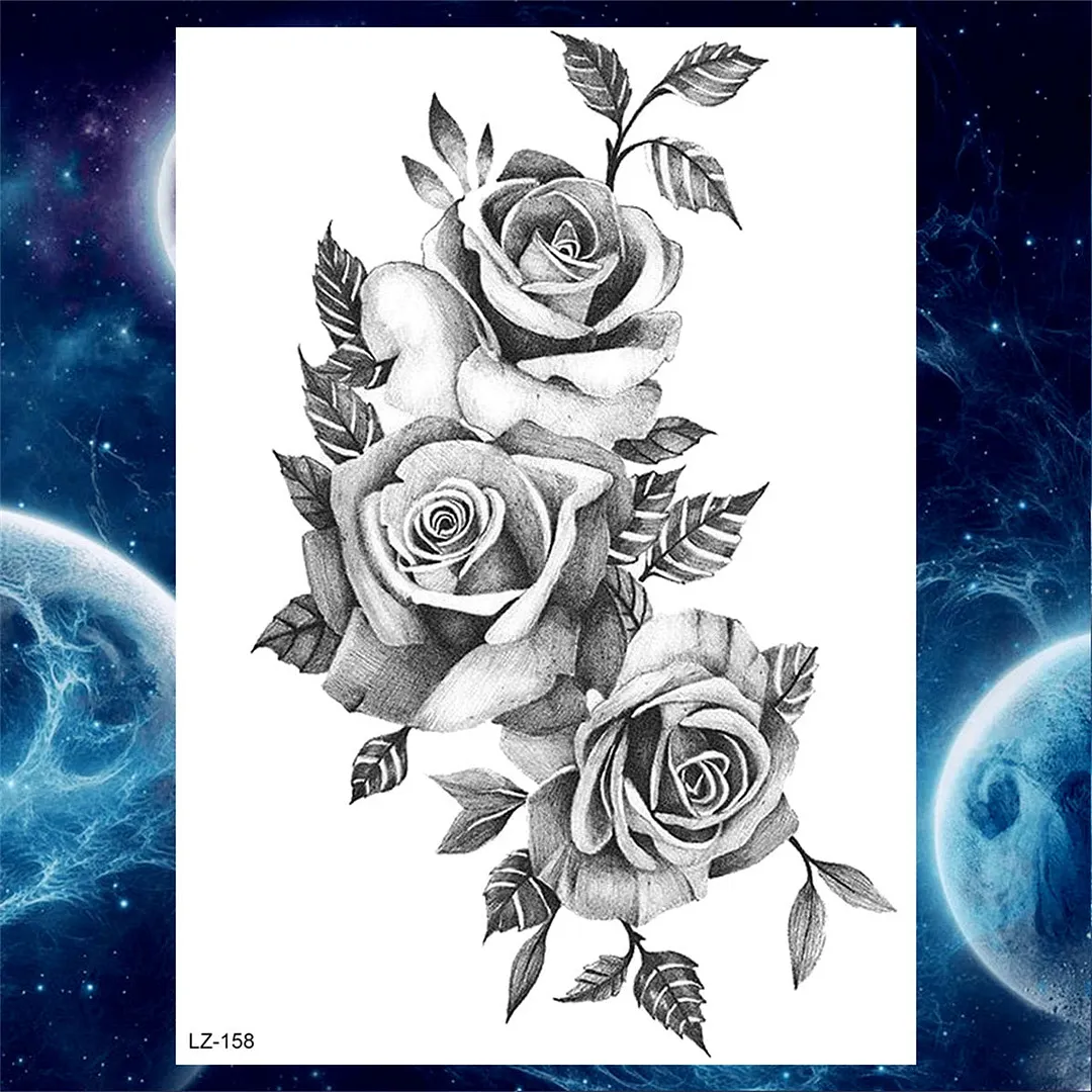 Flower Compass Temporary Tattoo For Women Girls Adult Rose Peony Tattoos Sticker Fake Black Floral Body Art Thigh Tatoos Paper