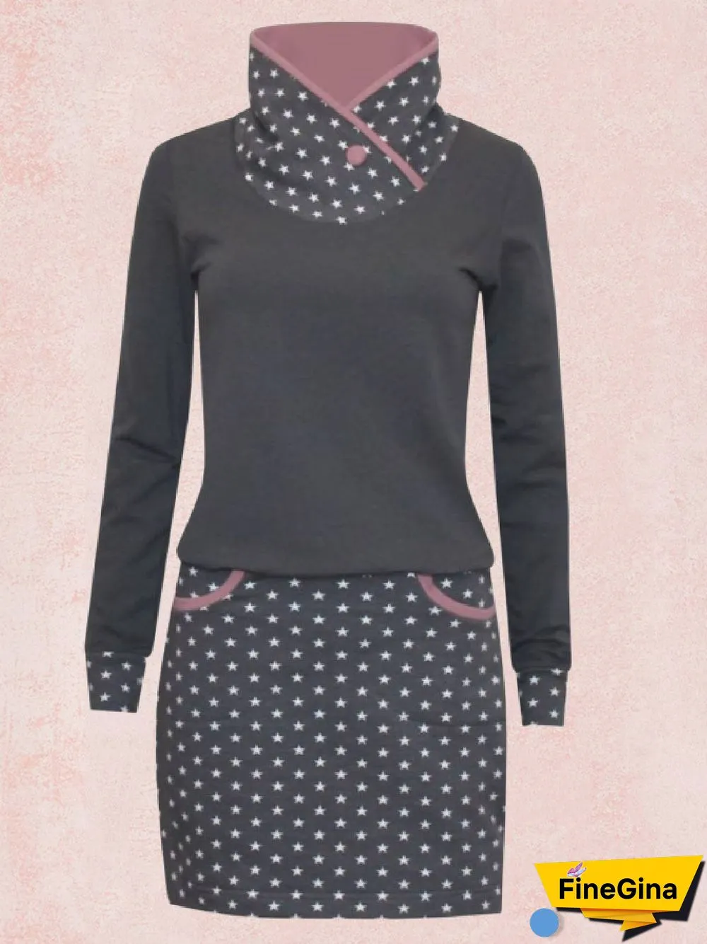 Gray Casual Long Sleeve Paneled Knitting Dress