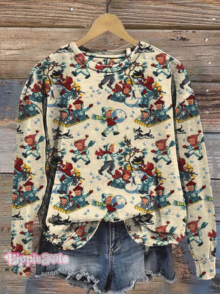 Vintage Christmas Art Print Casual Sweatshirt Multicolor / S