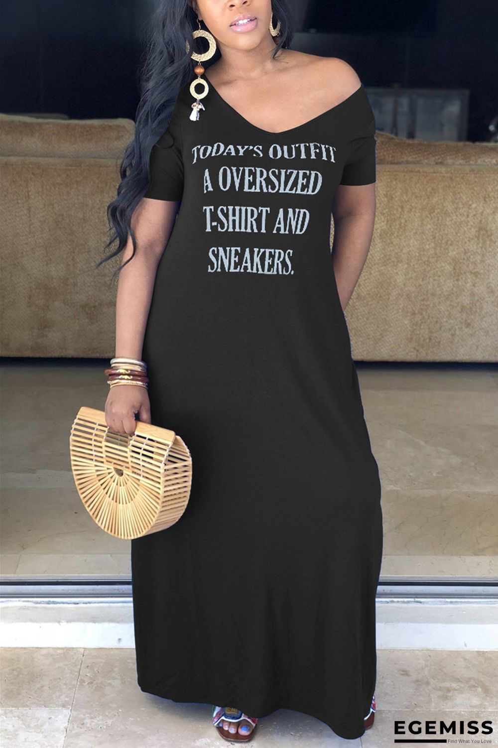 Black Casual Short Sleeves O neck Straight Ankle-Length Print Patchwork Character Pocket Dresses | EGEMISS