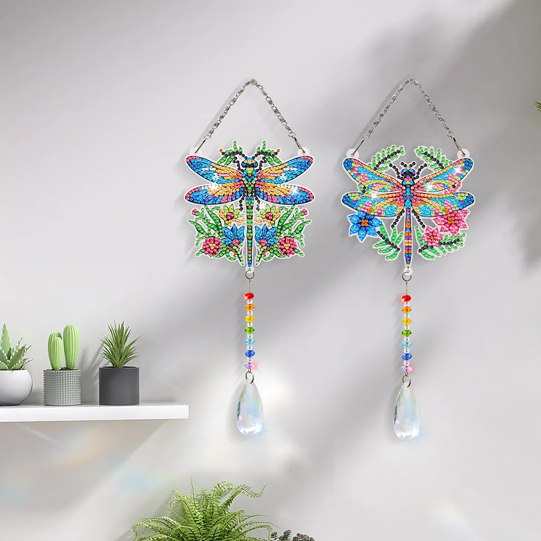 2Pcs Garden Dragonfly DIY Double-Sided Diamond Painting Hanging Kits Diamond Painting Suncatcher Craft Kit for Home Garden Wall Decor Gift