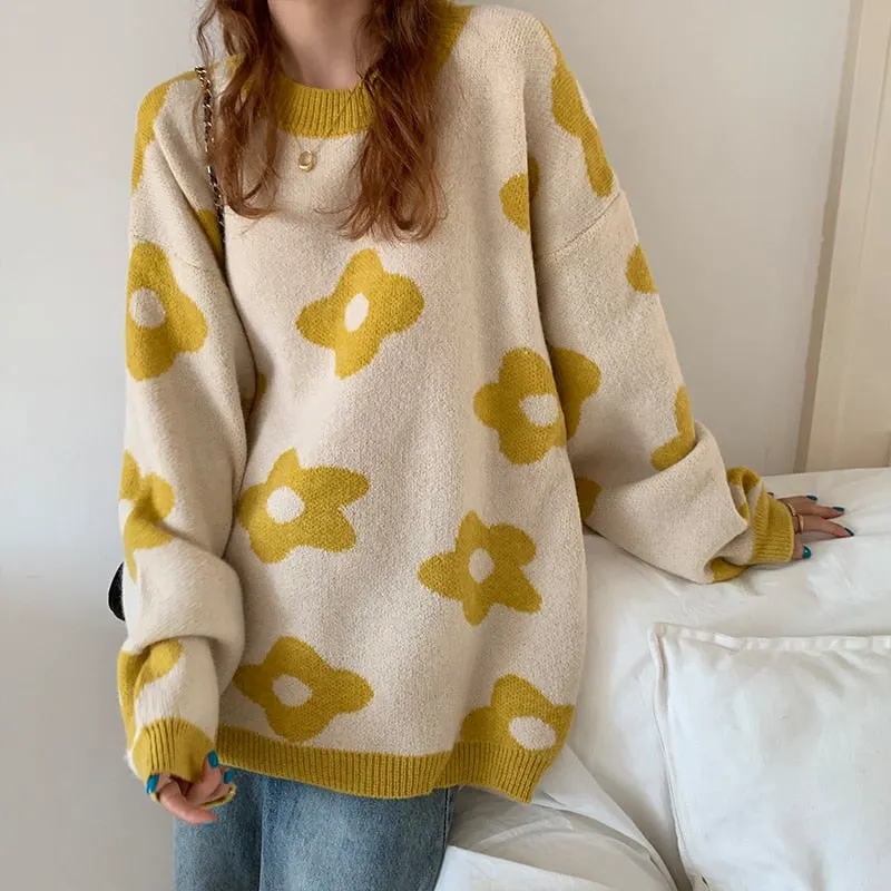 Women Knitted Sweater Winter Flower Pullovers Ladies Oversized Sweaters Vintage Loose Tops Female Korean Pull Femme 2021