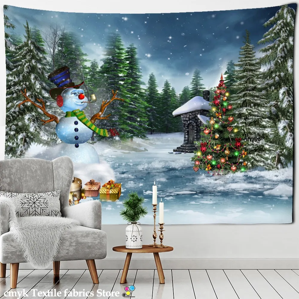 Christmas Tree Snowman Tapestry Wall Hanging Natural Snow Scene Cartoon Oil Painting Aesthetics Room Hippie Home Decor