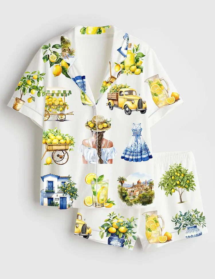 Women&rsquo;s Watercolor Lemon Fruit Lemon Drop Martini Mediterranean Summer Ocean Beach Vibes Print Short Sleeve Satin Pajama Set