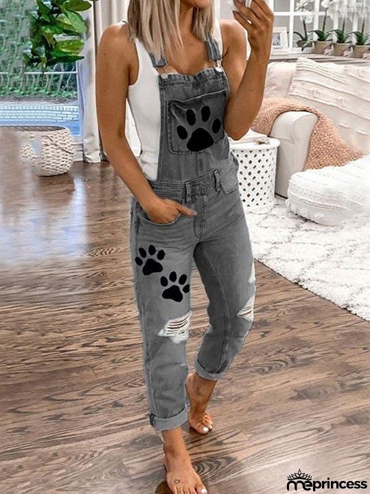 Women's Jumpsuits Animal Paw Washed Ripped Denim Jumpsuit
