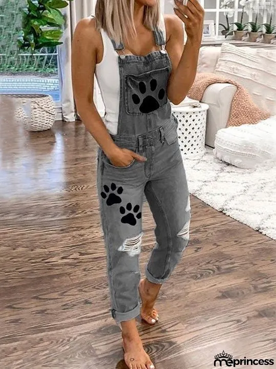 Women's Jumpsuits Animal Paw Washed Ripped Denim Jumpsuit