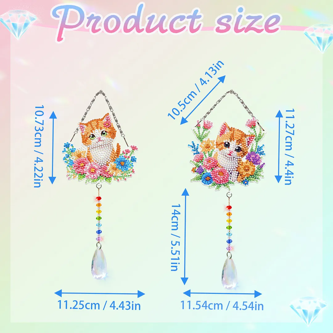 2Pcs Flower Kitten DIY Acrylic Diamond Painting Art Wind Chimes with Crystal Pendant Diamond Art Hanging Pendant Double-Sided for Adults Beginners Gift Home Garden Decor