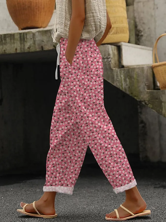 Women's Retro Floral Lace-Up Loose Casual Pants (With Pockets)
