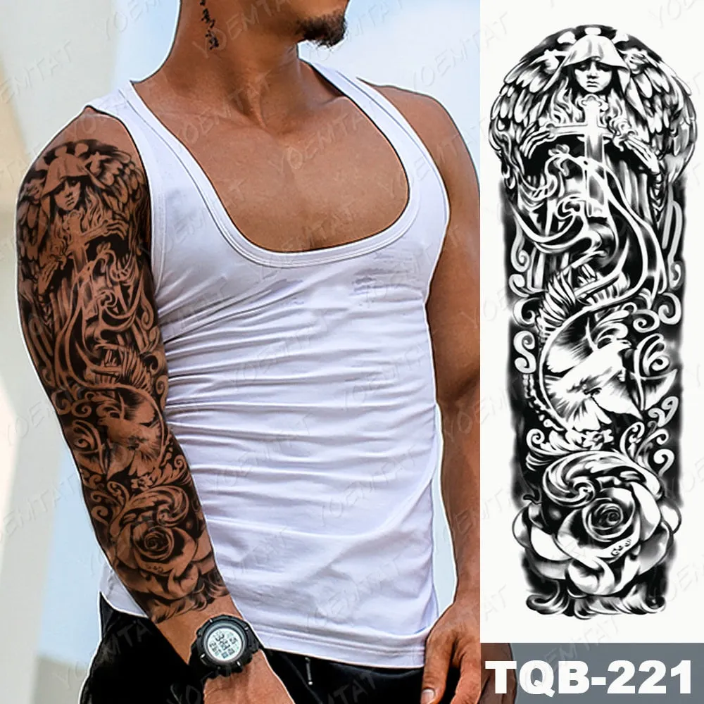 Large Arm Sleeve Tattoo Bird Crow Forest Moon Waterproof Temporary Tatto Sticker Lion Wolf Clock Body Art Full Fake Tatoo Men
