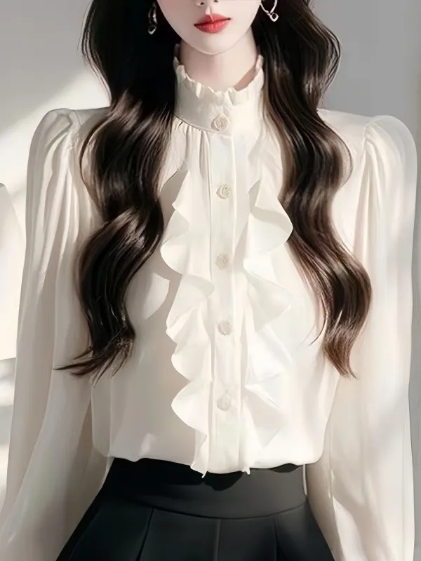 Athvotar Athvotar Chic Lace Splicing Long-Sleeved Shirt Early Spring Super Good Single-Dnecked Shirt Temperament Blouse Women's Clothing