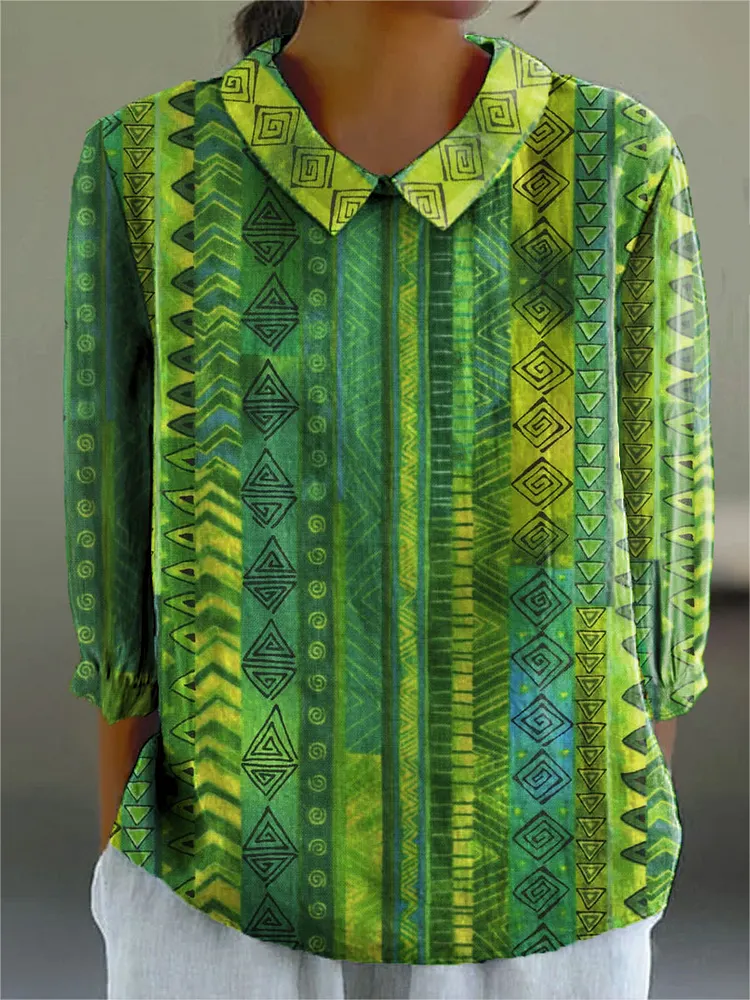 Women's Vintage Colorblock Geometric Art Print Casual Cotton And Linen 3/4 Sleeve Shirt