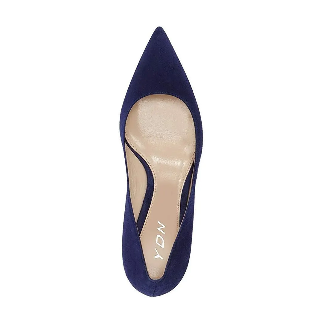 YDN Simple Navy Vegan Suede Pointed Toe Kitten Heel Pumps Shoes