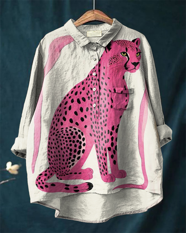 Pink Leopard Art Cotton and Linen Casual Shirt