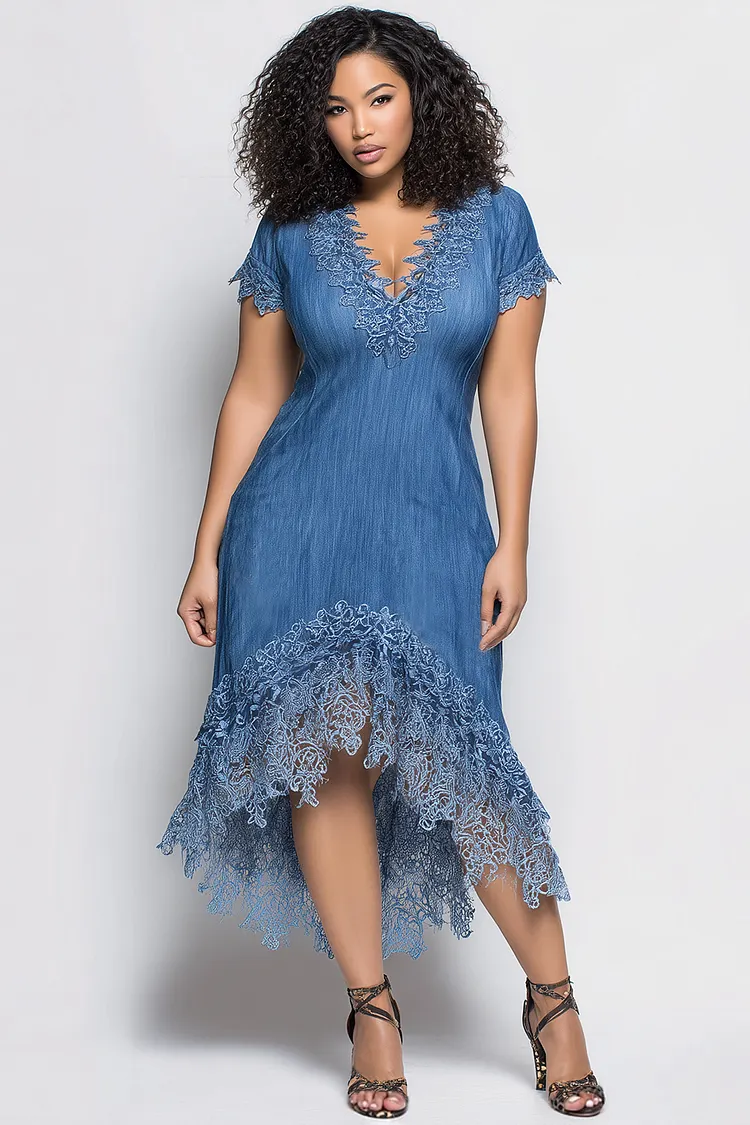 Xpluswear Design Plus Size Vacation Lace Blue V Neck Short Sleeve Contrast Asymmetric Hem Irregular Hem Tencel Denim Midi Dresses 2024 - Xpluswear
