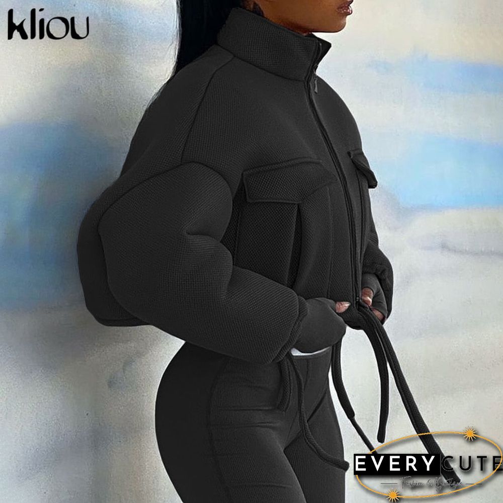 Kliou Mesh Plaid Autumn Spring Coat Women Trend Turtleneck Zipper Pocket Crop Jacket Solid Slim Drawstring Female Outerwear Hot