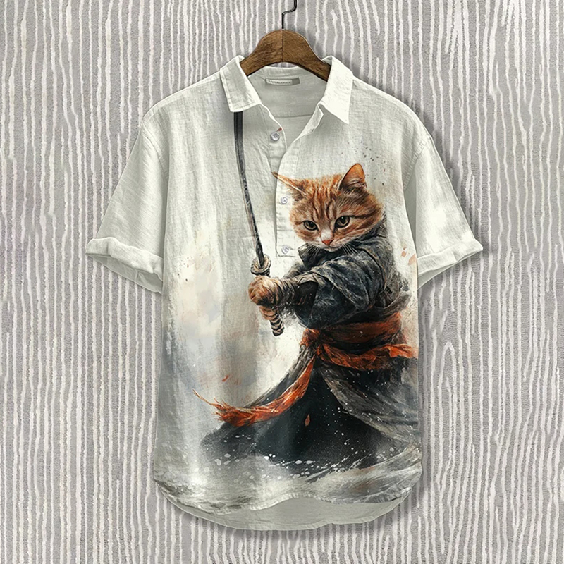 Men's Brave Samurai Cat Art Print Polo Shirt elevenforest