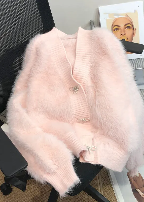 Cute Pink V Neck Button Mink Hair Knitted Cardigan Spring
