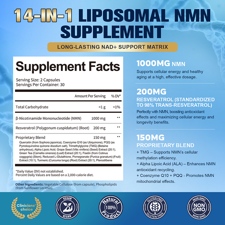Totaria Liposomal NMN Supplement 1000mg, 14-in-1 NMN Resveratrol