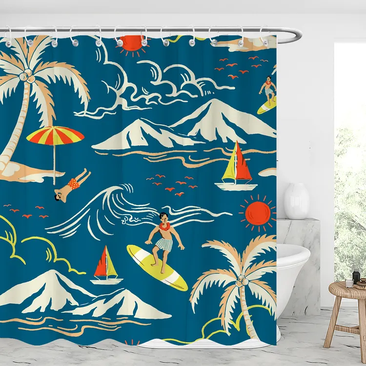 Summer Surfing and Snow Mountain Waterproof Shower Curtains With 12 Hooks