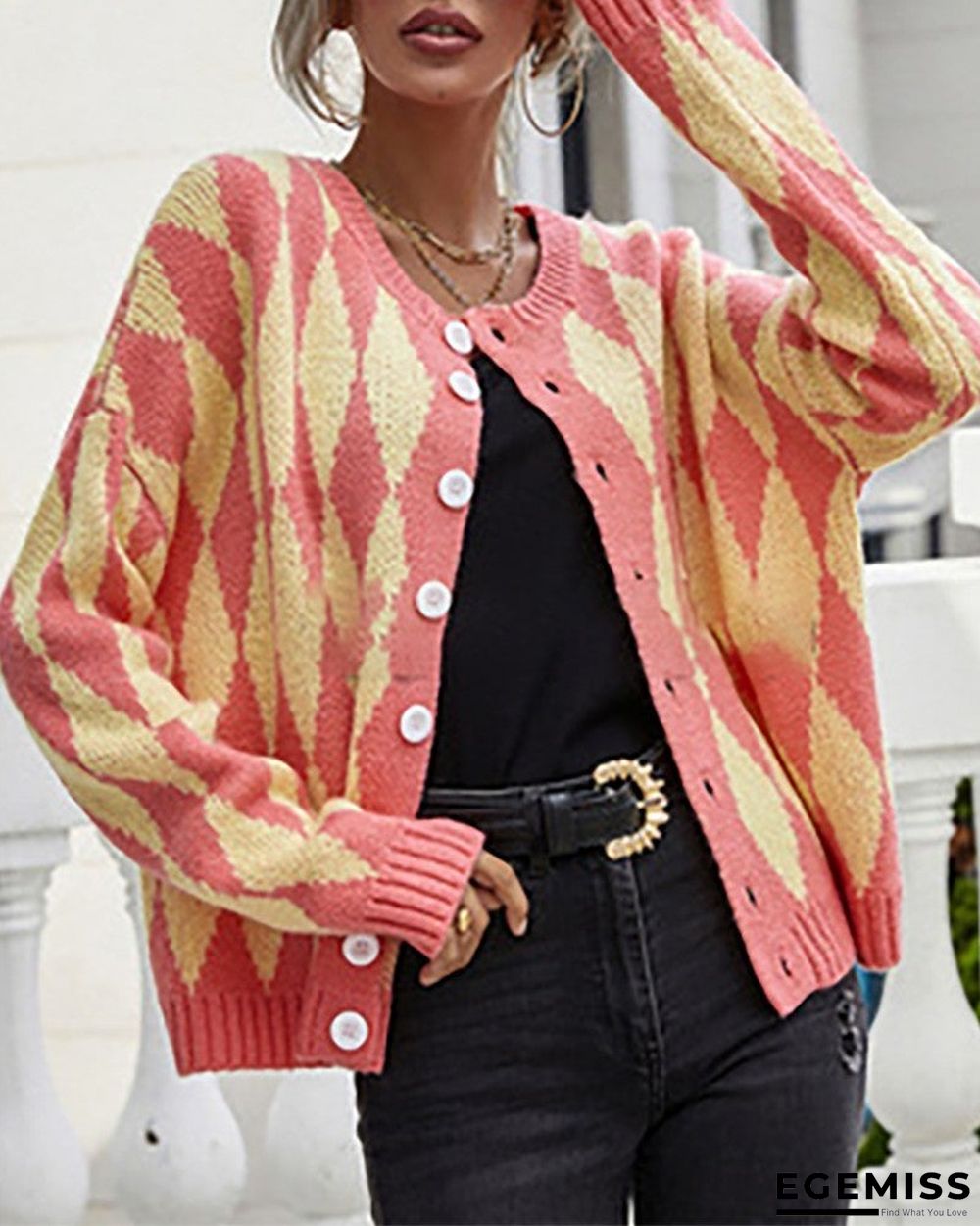 Argyle Print Colorblock Buttoned Long Sleeve Cardigan | EGEMISS