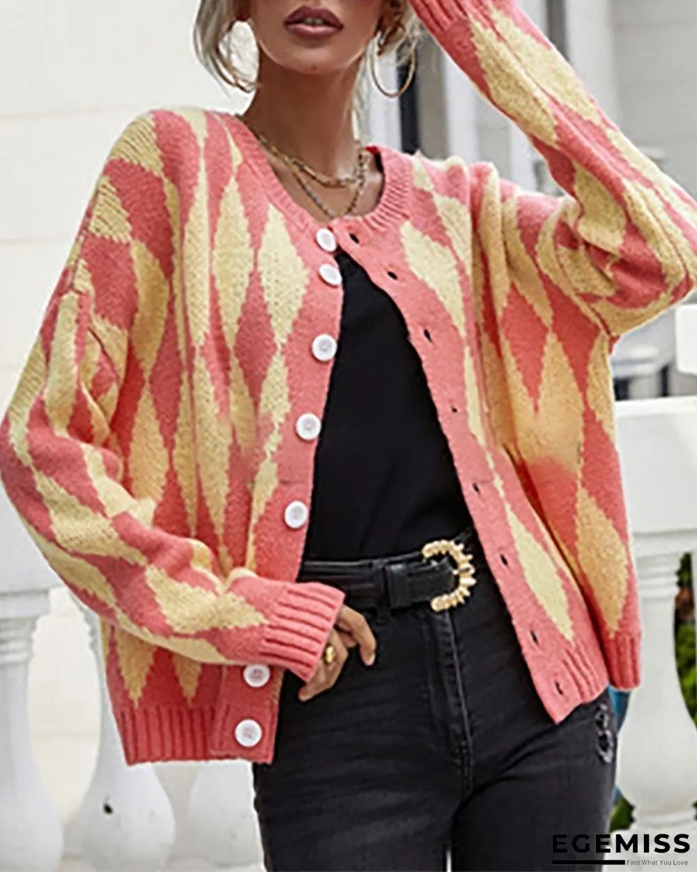 Argyle Print Colorblock Buttoned Long Sleeve Cardigan | EGEMISS