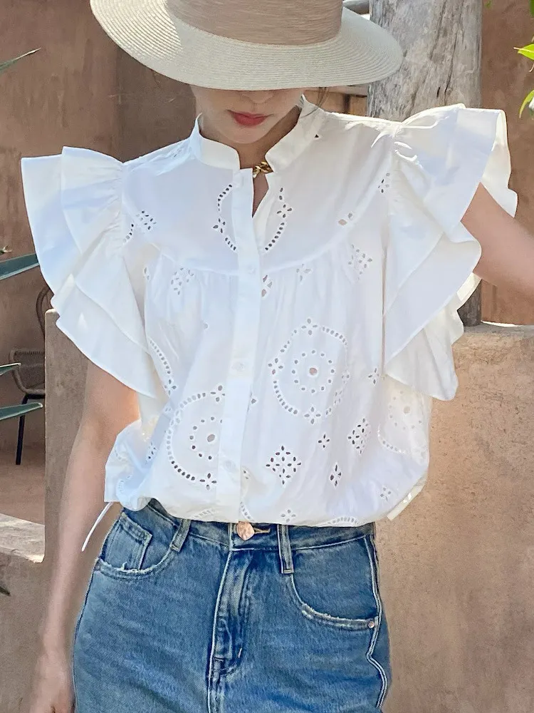 Uveng Uveng Sense Of White Shirt Summer French White Shirt Lotus Sleeves Of The Famous Wind Short Top Korean European Women's Clothing Tide
