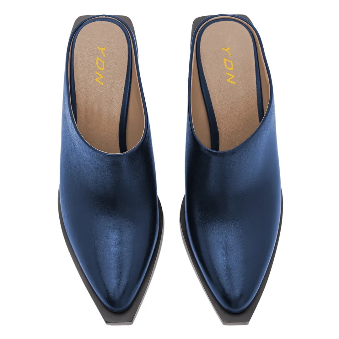 Navy Vegan Leather Snip Toe Women's Dress Mules with Block Heel